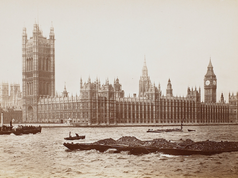 Houses of Parliament; coal barge in foreground, paddlewheel ferry on left in river. Original from the Minneapolis Institute of Art.